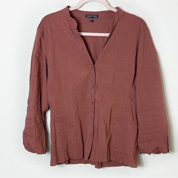 Eileen Fisher Linen Blend Button Down Shirt Jacket Rusty Brown Size М - Picture 9 of 9